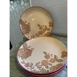 222 Fifth Jacobean Red Stoneware Dinner Plates 10.8in Discontinued Set of 4